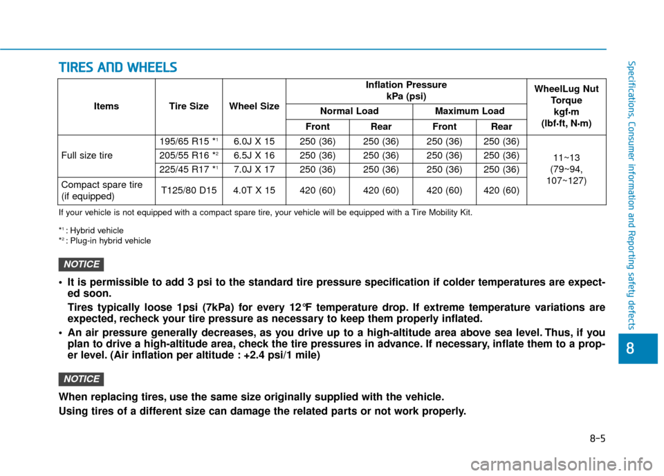 Hyundai Ioniq Hybrid 2019  Owners Manual T
TI
IR
R E
ES
S 
 A
A N
N D
D 
 W
W H
HE
EE
EL
LS
S
8-5
88
Specifications, Consumer information and Reporting safety defects
If your vehicle is not equipped with a compact spare tire, your vehicle wi