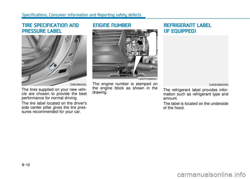 Hyundai Ioniq Hybrid 2019  Owners Manual 8-10
Specifications, Consumer information and Reporting safety defects
The tires supplied on your new vehi-
cle are chosen to provide the best
performance for normal driving.
The tire label located on
