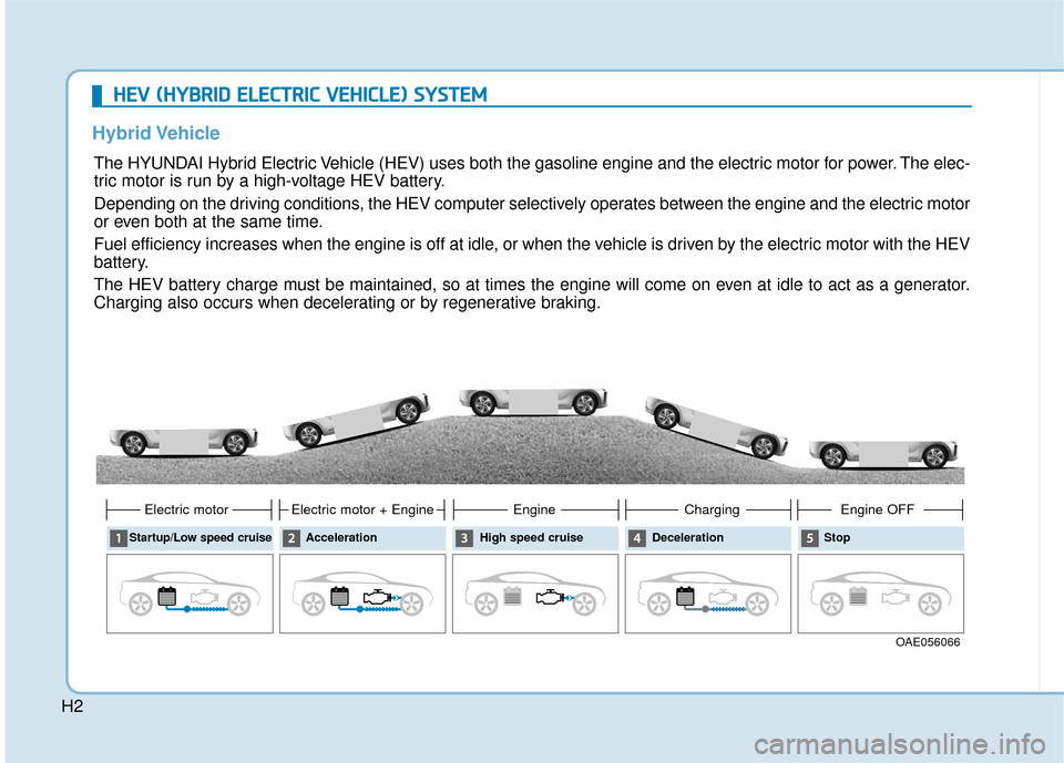 Hyundai Ioniq Hybrid 2019  Owners Manual H2
Hybrid Vehicle   H
H
E
EV
V  
 (
( H
H Y
Y B
BR
RI
ID
D  
 E
E L
LE
E C
CT
T R
R I
IC
C  
 V
V E
EH
H I
IC
C L
LE
E )
) 
 S
S Y
Y S
ST
T E
EM
M
The HYUNDAI Hybrid Electric Vehicle (HEV) uses both t