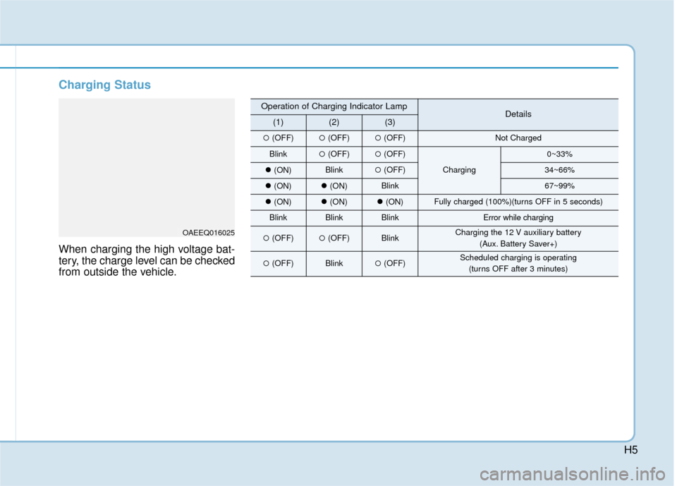 Hyundai Ioniq Hybrid 2019  Owners Manual H5
Charging Status
When charging the high voltage bat-
tery, the charge level can be checked
from outside the vehicle.
OAEEQ016025
Operation of Charging Indicator LampDetails(1)(2)(3)
(OFF)(OFF)(OF