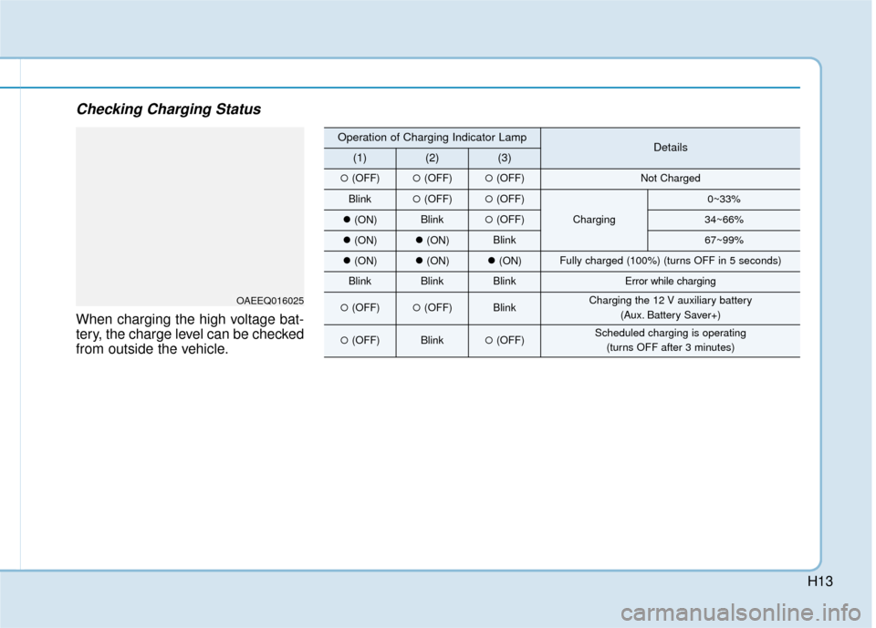 Hyundai Ioniq Hybrid 2019  Owners Manual H13
Checking Charging Status
When charging the high voltage bat-
tery, the charge level can be checked
from outside the vehicle.
OAEEQ016025
Operation of Charging Indicator LampDetails(1)(2)(3)
(OFF)