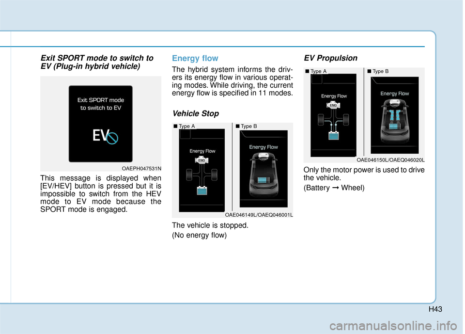 Hyundai Ioniq Hybrid 2019  Owners Manual H43
Exit SPORT mode to switch toEV (Plug-in hybrid vehicle)
This message is displayed when
[EV/HEV] button is pressed but it is
impossible to switch from the HEV
mode to EV mode because the
SPORT mode