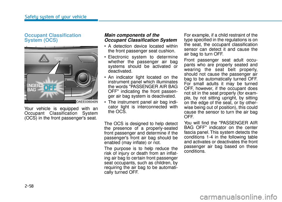 Hyundai Ioniq Hybrid 2019 Manual PDF 2-58
Safety system of your vehicle
Occupant Classification
System (OCS)
Your vehicle is equipped with an
Occupant Classification System
(OCS) in the front passengers seat.
Main components of theOccup