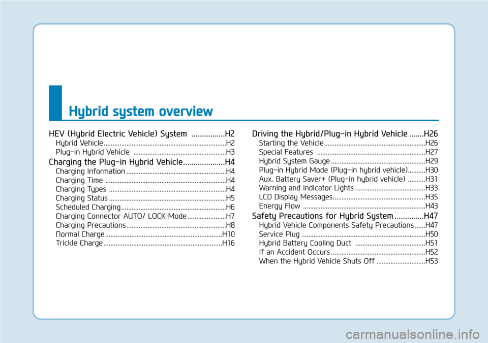 Hyundai Ioniq Hybrid 2018  Owners Manual HEV (Hybrid Electric Vehicle) System  ................H2
Hybrid Vehicle ......................................................................H2
Plug-in Hybrid Vehicle  ...............................