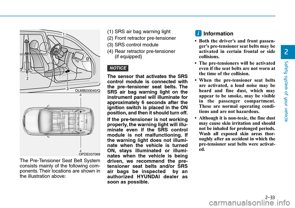 Hyundai Ioniq Hybrid 2018 Owners Manual 2-33
Safety system of your vehicle
2
The Pre-Tensioner Seat Belt System
consists mainly of the following com-
ponents. Their locations are shown in
the illustration above:(1) SRS air bag warning light Hyundai Ioniq Hybrid 2018 Owners Manual 2-33
Safety system of your vehicle
2
The Pre-Tensioner Seat Belt System
consists mainly of the following com-
ponents. Their locations are shown in
the illustration above:(1) SRS air bag warning light