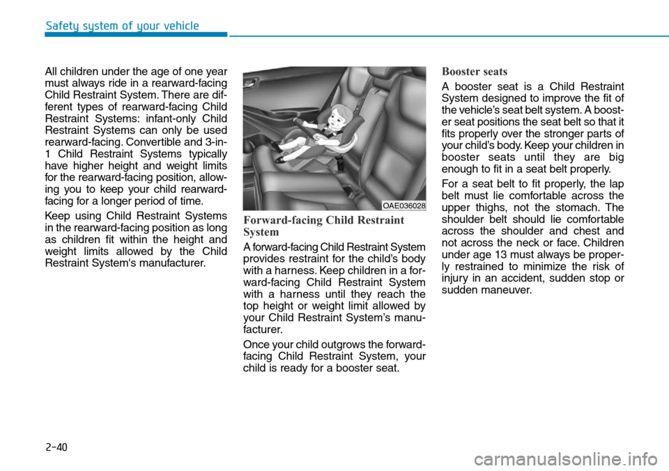 Hyundai Ioniq Hybrid 2018  Owners Manual 2-40
Safety system of your vehicle
All children under the age of one year
must always ride in a rearward-facing
Child Restraint System. There are dif-
ferent types of rearward-facing Child
Restraint S