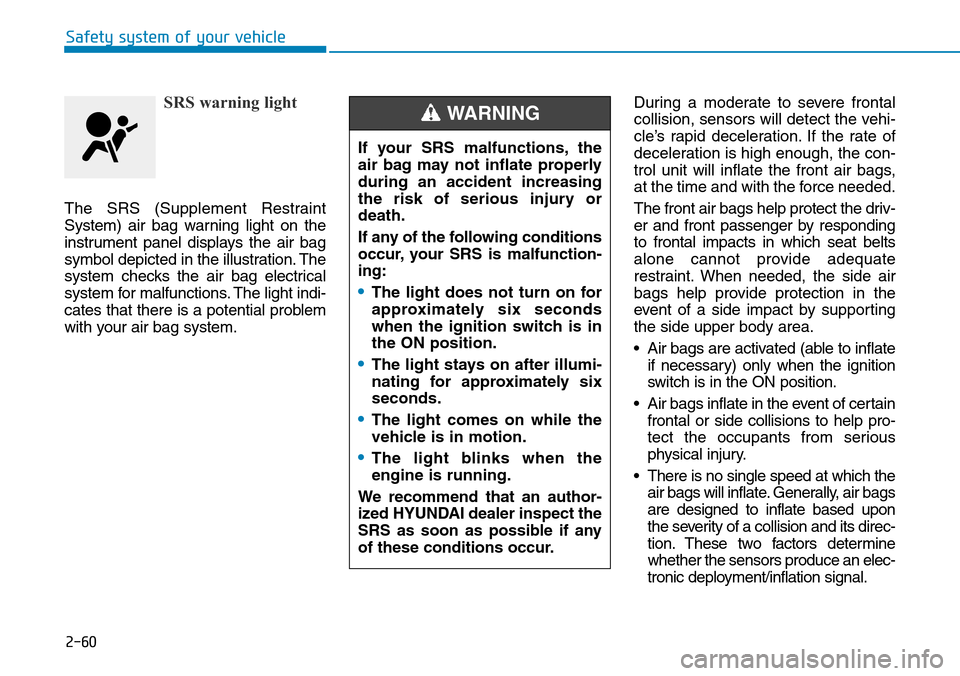Hyundai Ioniq Hybrid 2018  Owners Manual 2-60
SRS warning light
The SRS (Supplement Restraint
System) air bag warning light on the
instrument panel displays the air bag
symbol depicted in the illustration. The
system checks the air bag elect