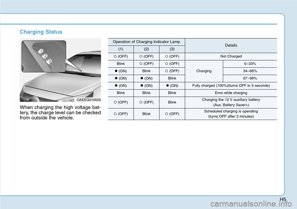 Hyundai Ioniq Hybrid 2018  Owners Manual H5
Charging Status
When charging the high voltage bat-
tery, the charge level can be checked
from outside the vehicle.
OAEEQ016025
Operation of Charging Indicator LampDetails(1)(2)(3)
(OFF)(OFF)(OF