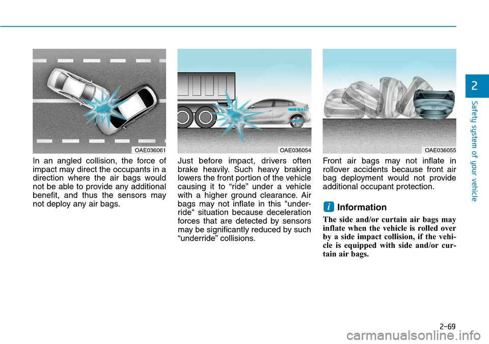 Hyundai Ioniq Hybrid 2018 Owners Manual 2-69
Safety system of your vehicle
2
In an angled collision, the force of
impact may direct the occupants in a
direction where the air bags would
not be able to provide any additional
benefit, and thu Hyundai Ioniq Hybrid 2018 Owners Manual 2-69
Safety system of your vehicle
2
In an angled collision, the force of
impact may direct the occupants in a
direction where the air bags would
not be able to provide any additional
benefit, and thu