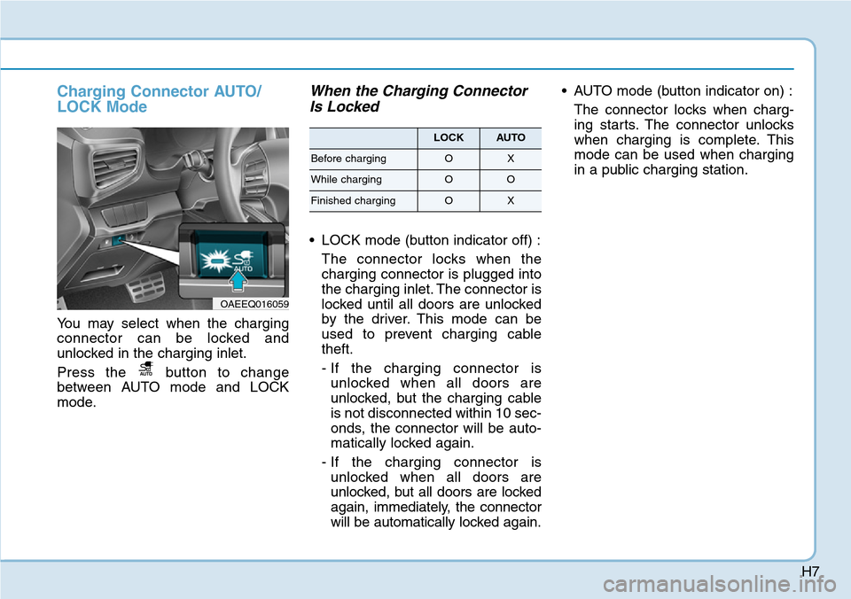 Hyundai Ioniq Hybrid 2018 User Guide H7
Charging Connector AUTO/
LOCK Mode
You may select when the charging
connector can be locked and
unlocked in the charging inlet.
Press the  button to change
between AUTO mode and LOCK
mode.
When the