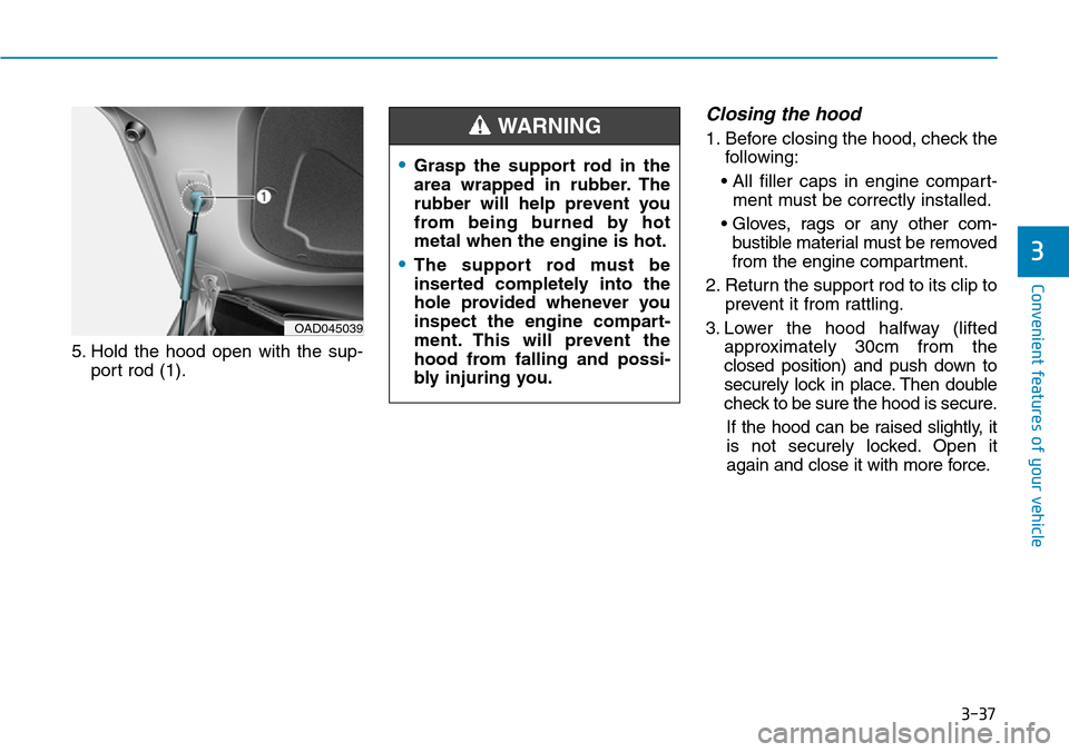 Hyundai Ioniq Hybrid 2018 Owners Manual 3-37
Convenient features of your vehicle
3
5. Hold the hood open with the sup-
port rod (1).
Closing the hood
1. Before closing the hood, check the
following:
• All filler caps in engine compart-
me Hyundai Ioniq Hybrid 2018 Owners Manual 3-37
Convenient features of your vehicle
3
5. Hold the hood open with the sup-
port rod (1).
Closing the hood
1. Before closing the hood, check the
following:
• All filler caps in engine compart-
me