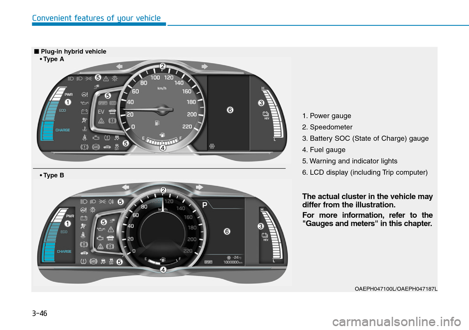 Hyundai Ioniq Hybrid 2018 Owners Manual 3-46
Convenient features of your vehicle
1. Power gauge
2. Speedometer
3. Battery SOC (State of Charge) gauge
4. Fuel gauge
5. Warning and indicator lights
6. LCD display (including Trip computer)
OAE Hyundai Ioniq Hybrid 2018 Owners Manual 3-46
Convenient features of your vehicle
1. Power gauge
2. Speedometer
3. Battery SOC (State of Charge) gauge
4. Fuel gauge
5. Warning and indicator lights
6. LCD display (including Trip computer)
OAE