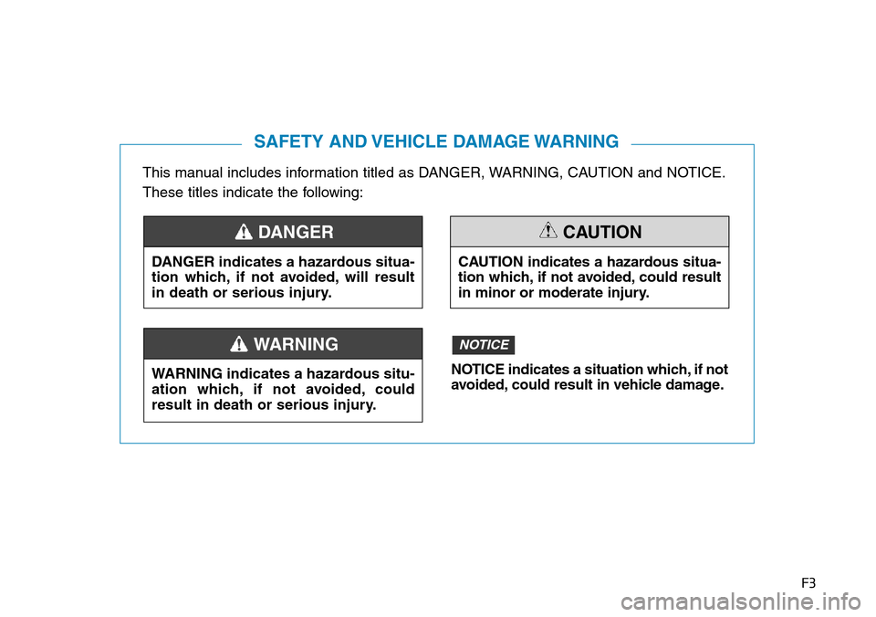 Hyundai Ioniq Hybrid 2018  Owners Manual F3
This manual includes information titled as DANGER, WARNING, CAUTION and NOTICE.
These titles indicate the following:
SAFETY AND VEHICLE DAMAGE WARNING
DANGER indicates a hazardous situa-
tion which