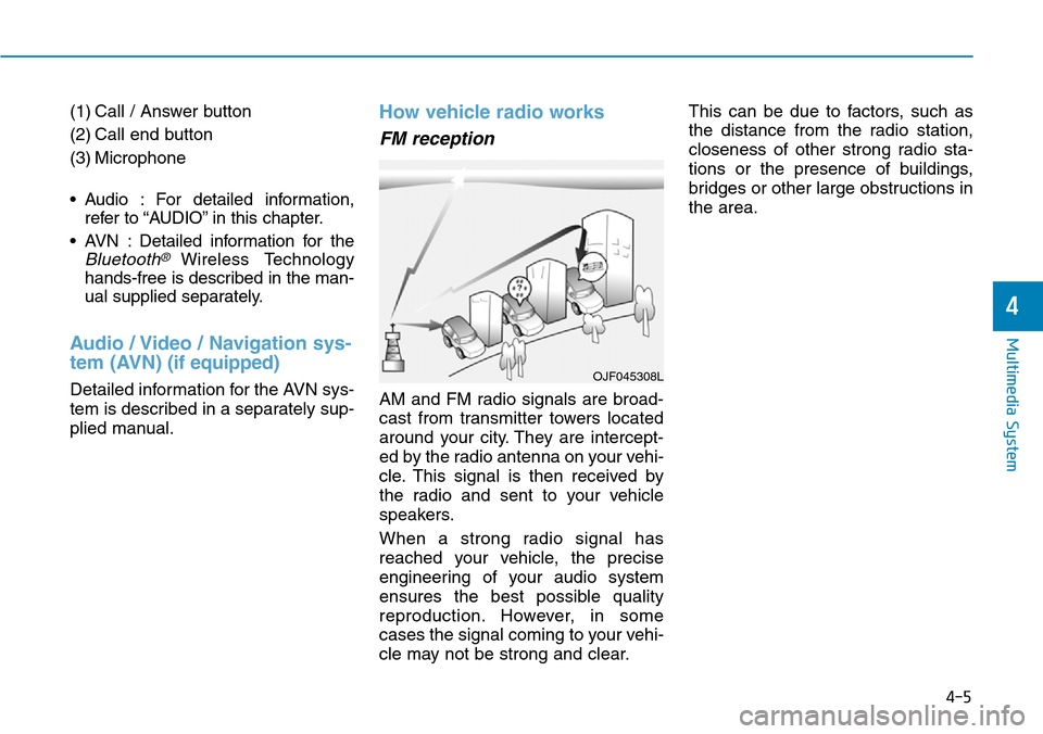 Hyundai Ioniq Hybrid 2018  Owners Manual (1) Call / Answer button
(2) Call end button
(3) Microphone
• Audio : For detailed information,
refer to “AUDIO” in this chapter.
• AVN : Detailed information for the
Bluetooth® Wireless Tech
