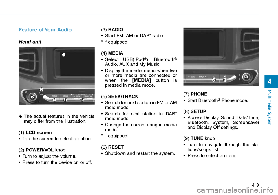 Hyundai Ioniq Hybrid 2018  Owners Manual 4-9
Multimedia System
4
Feature of Your Audio
Head unit
❈The actual features in the vehicle
may differ from the illustration.
(1) LCD screen
• Tap the screen to select a button.
(2) POWER/VOL knob