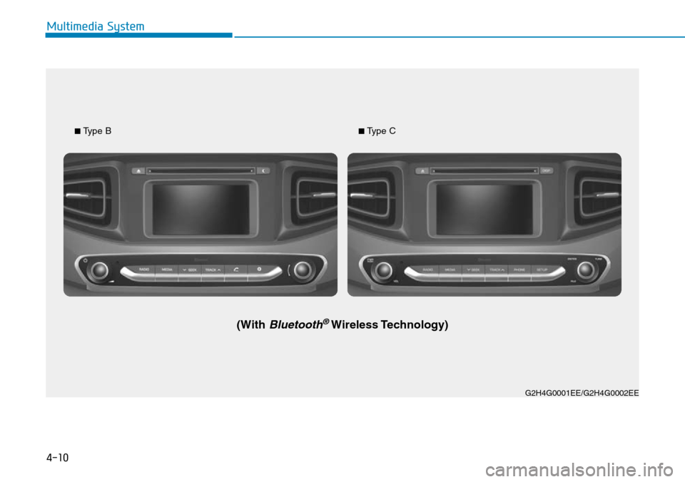 Hyundai Ioniq Hybrid 2018  Owners Manual 4-10
Multimedia System
G2H4G0001EE/G2H4G0002EE ■ 
Type B
(With Bluetooth®Wireless Technology)
■ Type C 