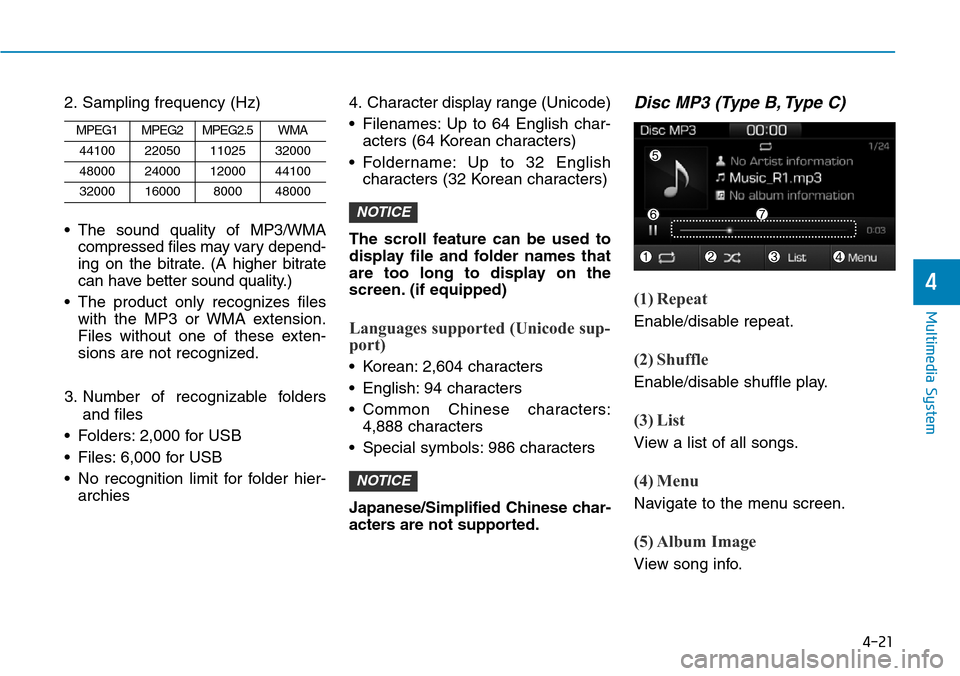 Hyundai Ioniq Hybrid 2018 Owners Manual 4-21
Multimedia System
4
2. Sampling frequency (Hz)
• The sound quality of MP3/WMA
compressed files may vary depend-
ing on the bitrate. (A higher bitrate
can have better sound quality.)
• The pro Hyundai Ioniq Hybrid 2018 Owners Manual 4-21
Multimedia System
4
2. Sampling frequency (Hz)
• The sound quality of MP3/WMA
compressed files may vary depend-
ing on the bitrate. (A higher bitrate
can have better sound quality.)
• The pro