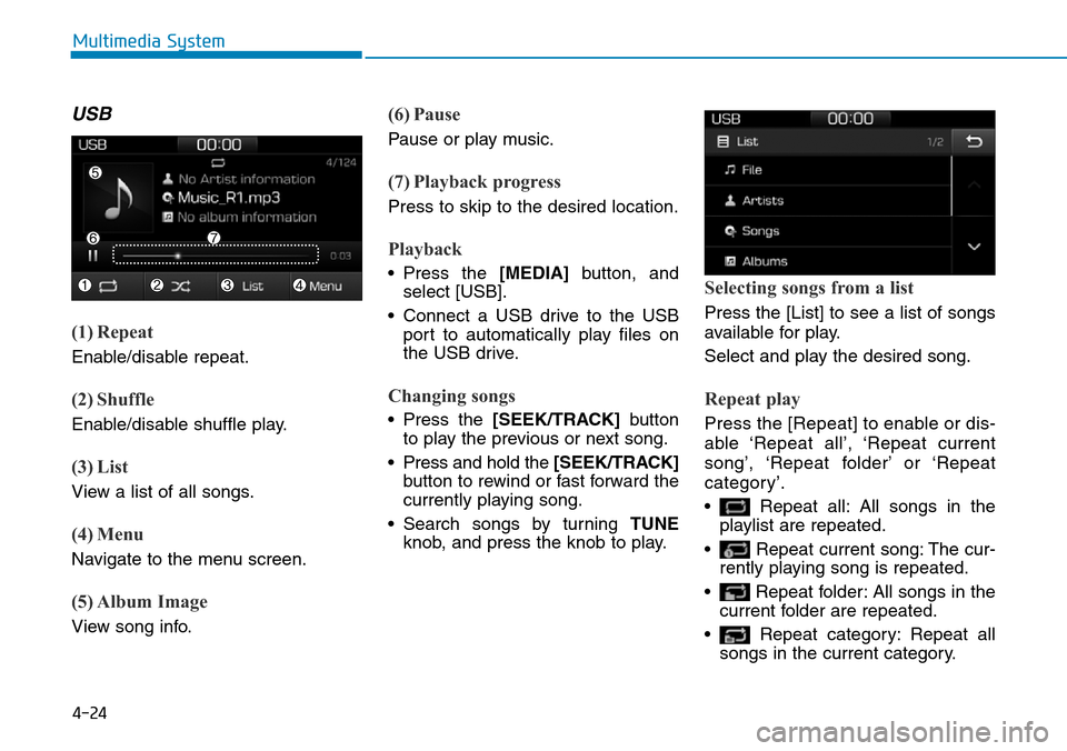 Hyundai Ioniq Hybrid 2018 Owners Manual 4-24
Multimedia System
USB
(1) Repeat
Enable/disable repeat.
(2) Shuffle
Enable/disable shuffle play.
(3) List
View a list of all songs.
(4) Menu
Navigate to the menu screen.
(5) Album Image
View song Hyundai Ioniq Hybrid 2018 Owners Manual 4-24
Multimedia System
USB
(1) Repeat
Enable/disable repeat.
(2) Shuffle
Enable/disable shuffle play.
(3) List
View a list of all songs.
(4) Menu
Navigate to the menu screen.
(5) Album Image
View song