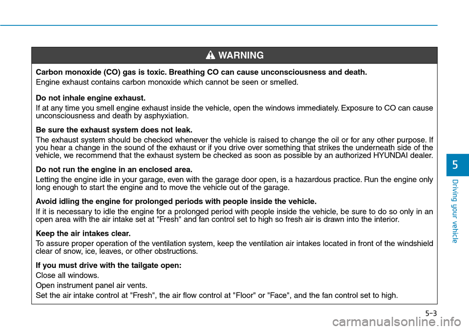 Hyundai Ioniq Hybrid 2018  Owners Manual 5-3
Driving your vehicle
5
Carbon monoxide (CO) gas is toxic. Breathing CO can cause unconsciousness and death.
Engine exhaust contains carbon monoxide which cannot be seen or smelled.
Do not inhale e