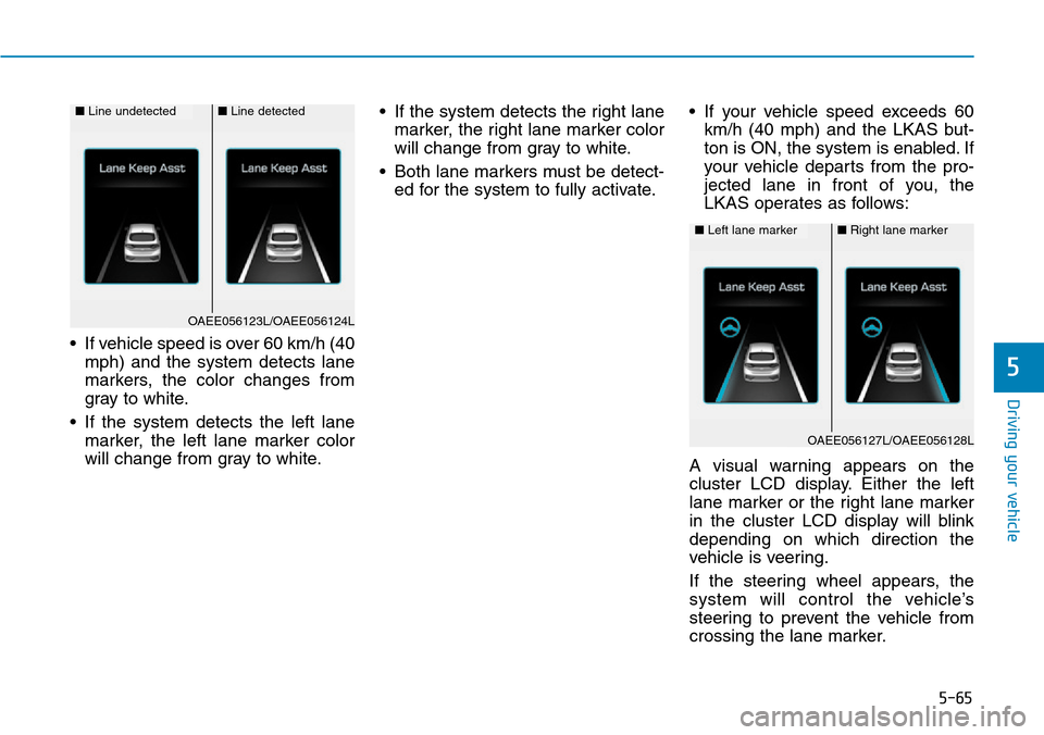Hyundai Ioniq Hybrid 2018  Owners Manual 5-65
Driving your vehicle
5
• If vehicle speed is over 60 km/h (40
mph) and the system detects lane
markers, the color changes from
gray to white.
• If the system detects the left lane
marker, the