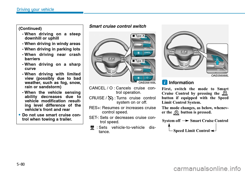 Hyundai Ioniq Hybrid 2018  Owners Manual 5-80
Driving your vehicle
Smart cruise control switch
CANCEL / O :Cancels cruise con-
trol operation.
CRUISE /  : Turns cruise control
system on or off.
RES+: Resumes or increases cruise
control speed