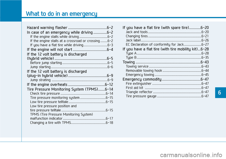 Hyundai Ioniq Hybrid 2018  Owners Manual What to do in an emergency
Hazard warning flasher ........................................6-2
In case of an emergency while driving ..............6-2
If the engine stalls while driving ...............