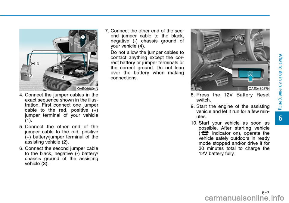 Hyundai Ioniq Hybrid 2018 Owners Manual 6-7
What to do in an emergency
4. Connect the jumper cables in the
exact sequence shown in the illus-
tration. First connect one jumper
cable to the red, positive (+)
jumper terminal of your vehicle
( Hyundai Ioniq Hybrid 2018 Owners Manual 6-7
What to do in an emergency
4. Connect the jumper cables in the
exact sequence shown in the illus-
tration. First connect one jumper
cable to the red, positive (+)
jumper terminal of your vehicle
(