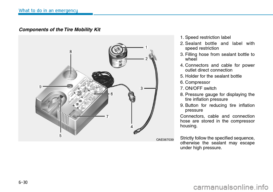 Hyundai Ioniq Hybrid 2018 Owners Manual 6-30
What to do in an emergency
1. Speed restriction label
2. Sealant bottle and label with
speed restriction
3. Filling hose from sealant bottle to
wheel
4. Connectors and cable for power
outlet dire Hyundai Ioniq Hybrid 2018 Owners Manual 6-30
What to do in an emergency
1. Speed restriction label
2. Sealant bottle and label with
speed restriction
3. Filling hose from sealant bottle to
wheel
4. Connectors and cable for power
outlet dire