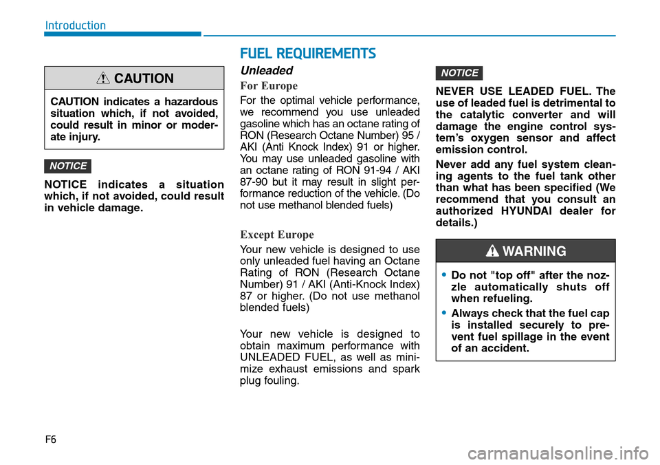 Hyundai Ioniq Hybrid 2018  Owners Manual F6
Introduction
NOTICE indicates a situation
which, if not avoided, could result
in vehicle damage.
Unleaded
For Europe
For the optimal vehicle performance,
we recommend you use unleaded
gasoline whic