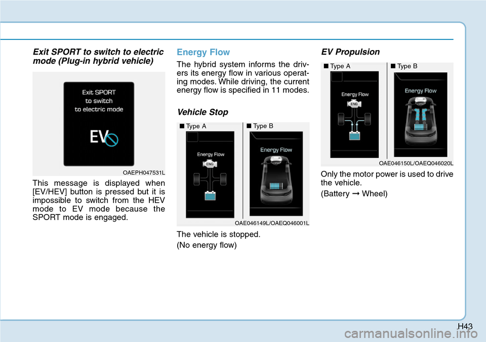 Hyundai Ioniq Hybrid 2018  Owners Manual H43
Exit SPORT to switch to electric
mode (Plug-in hybrid vehicle)
This message is displayed when
[EV/HEV] button is pressed but it is
impossible to switch from the HEV
mode to EV mode because the
SPO