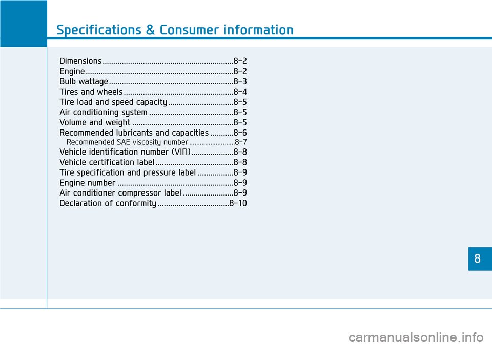 Hyundai Ioniq Hybrid 2018  Owners Manual 8
Specifications & Consumer information
8
Specifications & Consumer information
8
Dimensions ..............................................................8-2
Engine ..................................