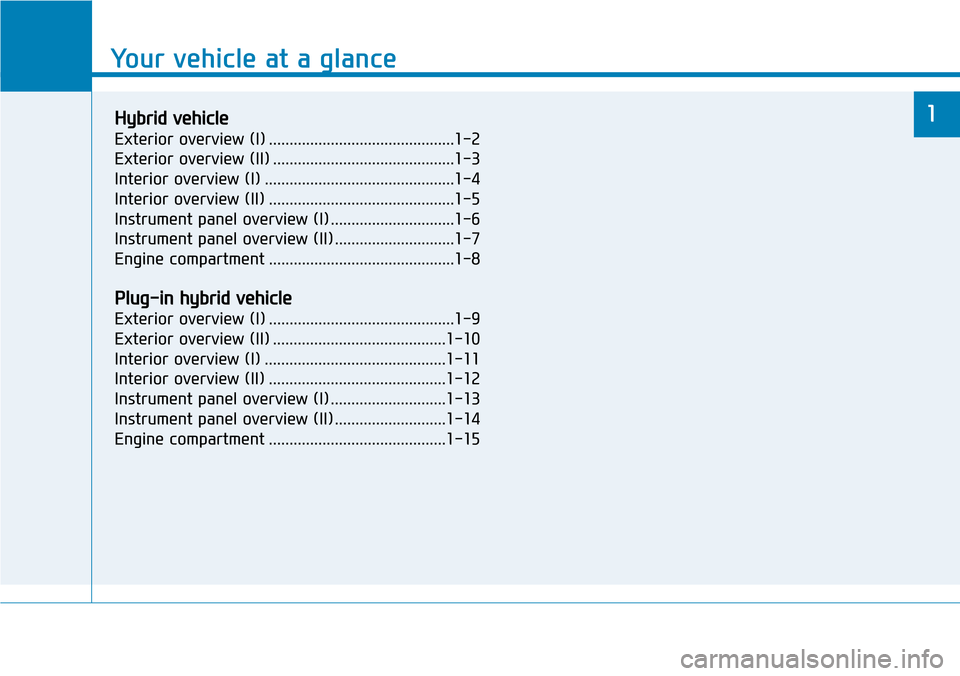 Hyundai Ioniq Hybrid 2018 Repair Manual Your vehicle at a glance
1
Your vehicle at a glance
1Hybrid vehicle
Exterior overview (I) .............................................1-2
Exterior overview (II) ...................................... Hyundai Ioniq Hybrid 2018 Repair Manual Your vehicle at a glance
1
Your vehicle at a glance
1Hybrid vehicle
Exterior overview (I) .............................................1-2
Exterior overview (II) ......................................