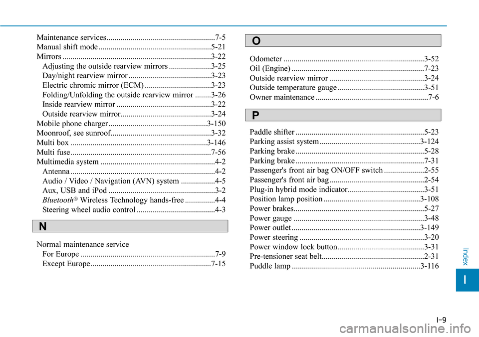 Hyundai Ioniq Hybrid 2018 Owners Manual I-9
Maintenance services......................................................7-5
Manual shift mode ........................................................5-21
Mirrors ............................... Hyundai Ioniq Hybrid 2018 Owners Manual I-9
Maintenance services......................................................7-5
Manual shift mode ........................................................5-21
Mirrors ...............................