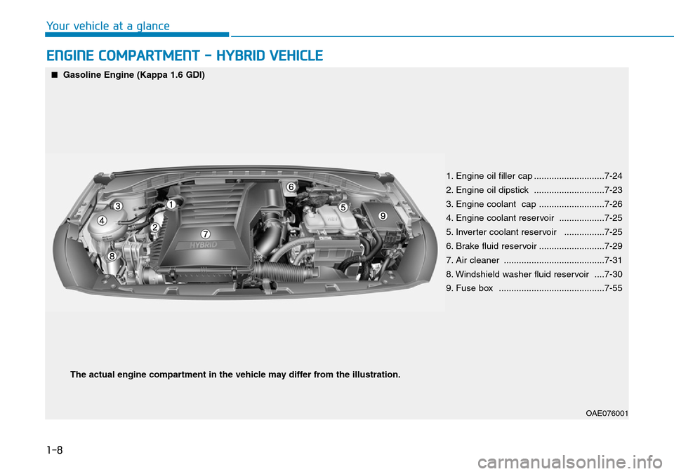 Hyundai Ioniq Hybrid 2018  Owners Manual ENGINE COMPARTMENT - HYBRID VEHICLE
1-8
Your vehicle at a glance
OAE076001
■Gasoline Engine (Kappa 1.6 GDI)
1. Engine oil filler cap ............................7-24
2. Engine oil dipstick  ........