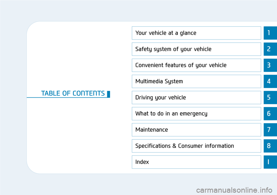 Hyundai Ioniq Hybrid 2018  Owners Manual 1
2
3
4
5
6
7
8
I
Your vehicle at a glance
Safety system of your vehicle
Convenient features of your vehicle
Multimedia System
Driving your vehicle
What to do in an emergency
Maintenance
Specification