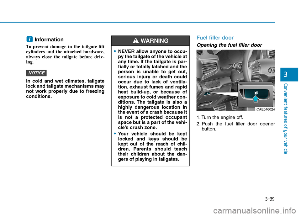 Hyundai Ioniq Hybrid 2017  Owners Manual 3-39
Convenient features of your vehicle
3
Information 
To prevent damage to the tailgate lift 
cylinders and the attached hardware,
always close the tailgate before driv-
ing. 
In cold and wet climat