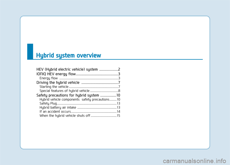 Hyundai Ioniq Hybrid 2017 User Guide HEV (Hybrid electric vehicle) system  ....................2 
IONIQ HEV energy flow.............................................3Energy flow  ...........................................................