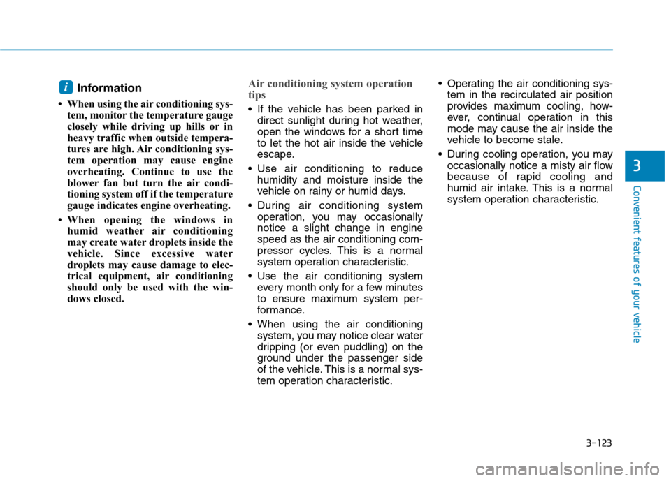 Hyundai Ioniq Hybrid 2017  Owners Manual 3-123
Convenient features of your vehicle
3
Information 
 When using the air conditioning sys- tem, monitor the temperature gauge 
closely while driving up hills or in
heavy traffic when outside temp