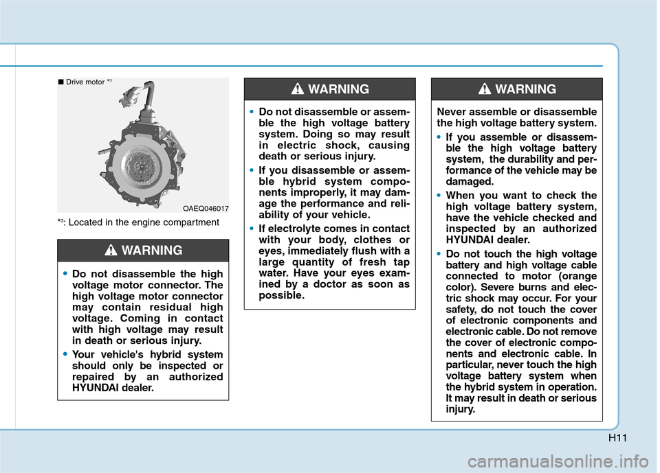 Hyundai Ioniq Hybrid 2017 Owners Guide H11
*3
: Located in the engine compartment
OAEQ046017
■  Drive motor * 3
Do not disassemble the high 
voltage motor connector. The
high voltage motor connector
may contain residual high
voltage. Com