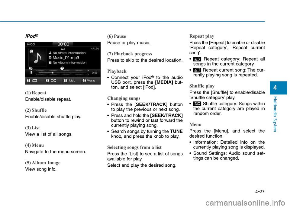 Hyundai Ioniq Hybrid 2017 Owners Manual 4-27
Multimedia System
4
iPod®
(1) Repeat
Enable/disable repeat.
(2) Shuffle
Enable/disable shuffle play.
(3) List
View a list of all songs.
(4) Menu
Navigate to the menu screen.
(5) Album Image
View Hyundai Ioniq Hybrid 2017 Owners Manual 4-27
Multimedia System
4
iPod®
(1) Repeat
Enable/disable repeat.
(2) Shuffle
Enable/disable shuffle play.
(3) List
View a list of all songs.
(4) Menu
Navigate to the menu screen.
(5) Album Image
View