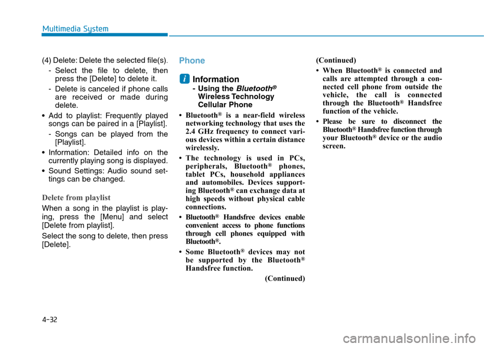 Hyundai Ioniq Hybrid 2017  Owners Manual 4-32
Multimedia System
(4) Delete: Delete the selected file(s).
- Select the file to delete, then press the [Delete] to delete it.
- Delete is canceled if phone calls are received or made during 
dele