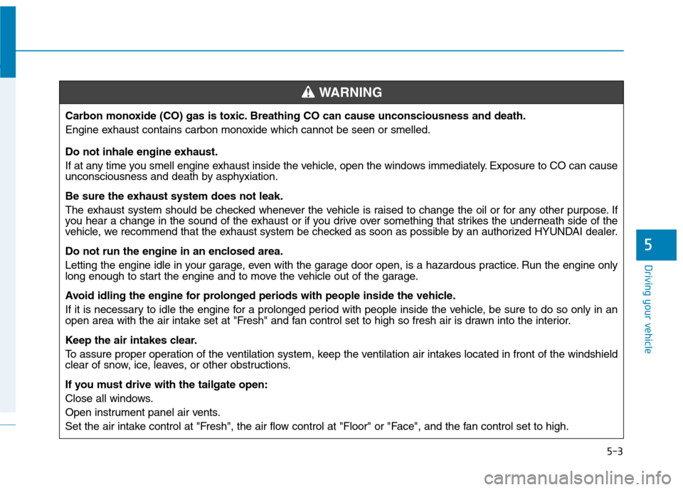 Hyundai Ioniq Hybrid 2017  Owners Manual 5-3
Driving your vehicle
5
Carbon monoxide (CO) gas is toxic. Breathing CO can cause unconsciousness and death. 
Engine exhaust contains carbon monoxide which cannot be seen or smelled. 
Do not inhale