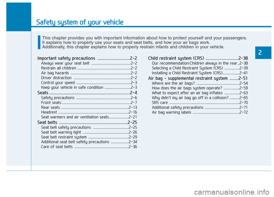 Hyundai Ioniq Hybrid 2017 Owners Guide Safety system of your vehicle
2
Important safety precautions .............................2-2Always wear your seat belt  ..........................................2-2 
Restrain all children ..........
