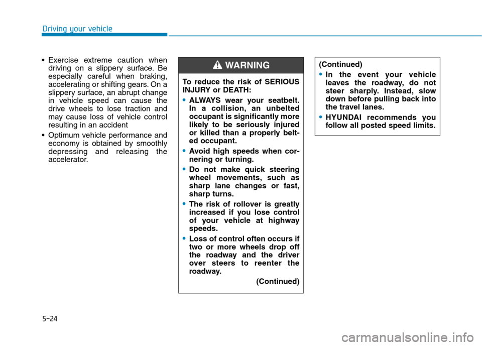 Hyundai Ioniq Hybrid 2017 Owners Guide 5-24
Driving your vehicle
 Exercise extreme caution whendriving on a slippery surface. Be 
especially careful when braking,
accelerating or shifting gears. On a
slippery surface, an abrupt change
in v