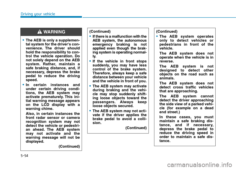 Hyundai Ioniq Hybrid 2017  Owners Manual 5-54
Driving your vehicle
The AEB is only a supplemen- 
tal system for the drivers con-
venience. The driver shouldhold the responsibility to con-
trol the vehicle operation. Do
not solely depend on 