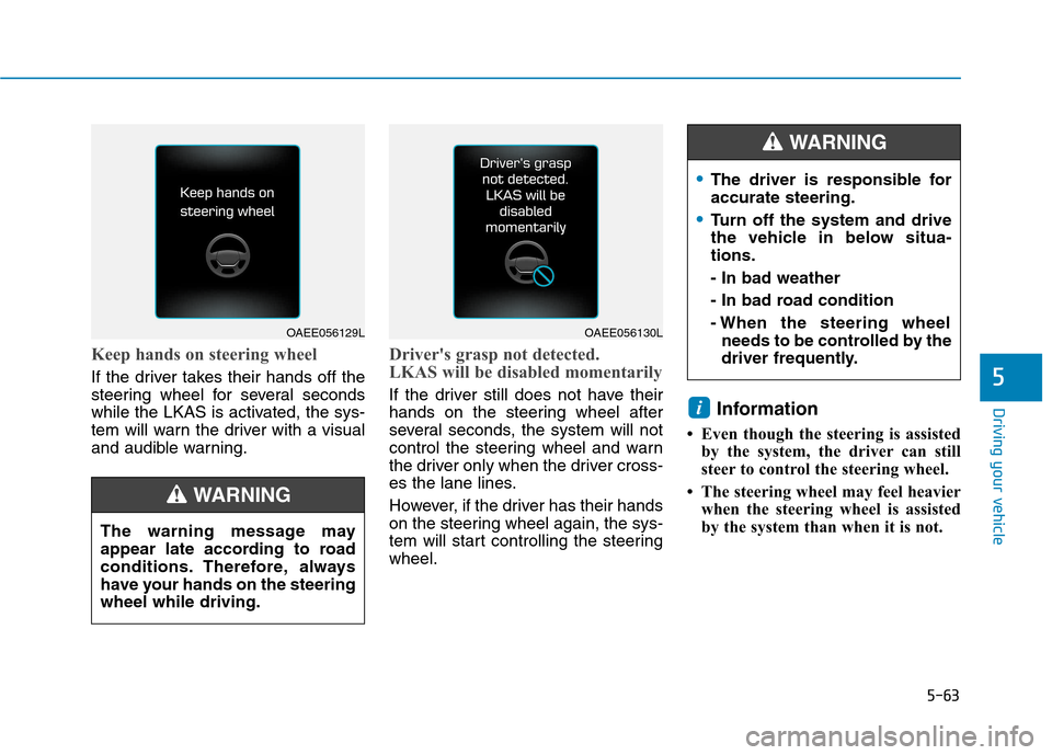 Hyundai Ioniq Hybrid 2017 Service Manual 5-63
Driving your vehicle
Keep hands on steering wheel
If the driver takes their hands off the 
steering wheel for several seconds
while the LKAS is activated, the sys-
tem will warn the driver with a