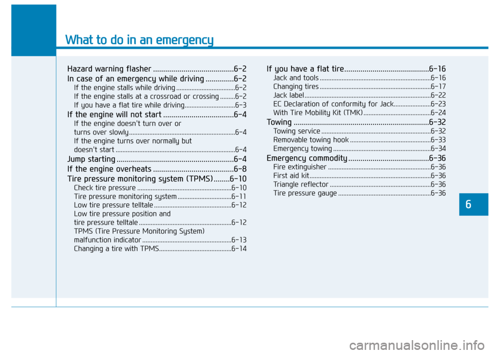 Hyundai Ioniq Hybrid 2017  Owners Manual What to do in an emergency
Hazard warning flasher ........................................6-2 
In case of an emergency while driving ..............6-2If the engine stalls while driving ...............