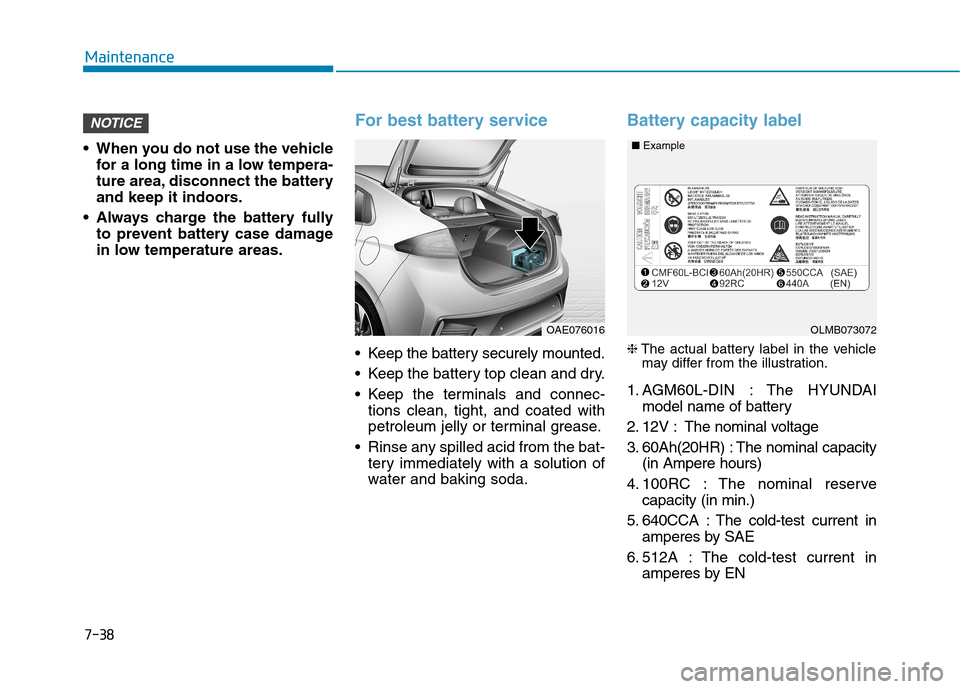Hyundai Ioniq Hybrid 2017 Owners Guide 7-38
Maintenance
 When you do not use the vehiclefor a long time in a low tempera- 
ture area, disconnect the battery
and keep it indoors.
 Always charge the battery fully to prevent battery case dama