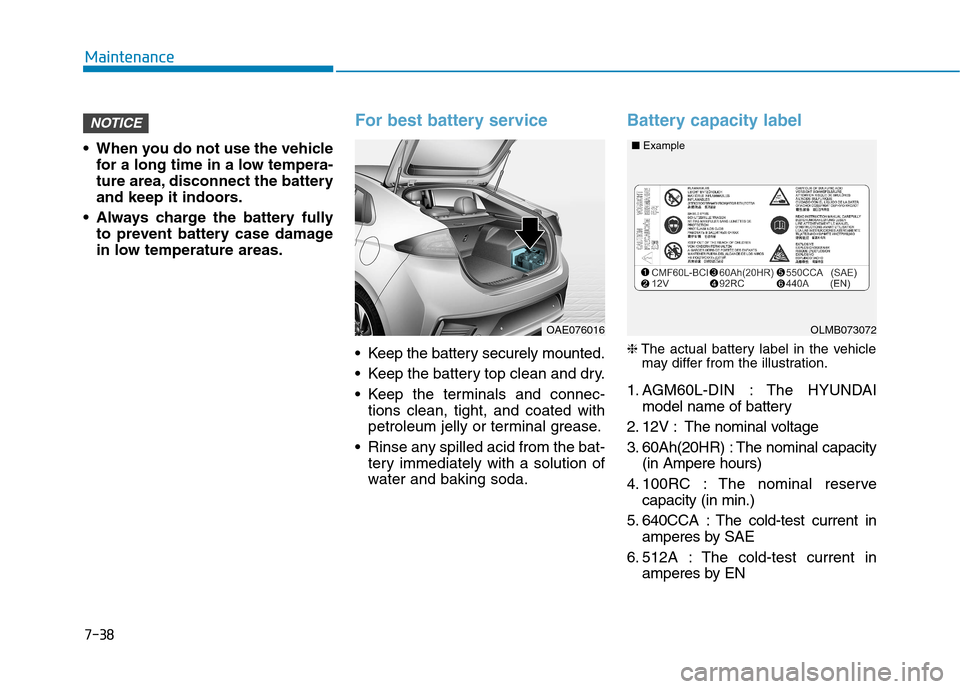 Hyundai Ioniq Hybrid 2017  Owners Manual 7-38
Maintenance
 When you do not use the vehiclefor a long time in a low tempera- 
ture area, disconnect the battery
and keep it indoors.
 Always charge the battery fully to prevent battery case dama