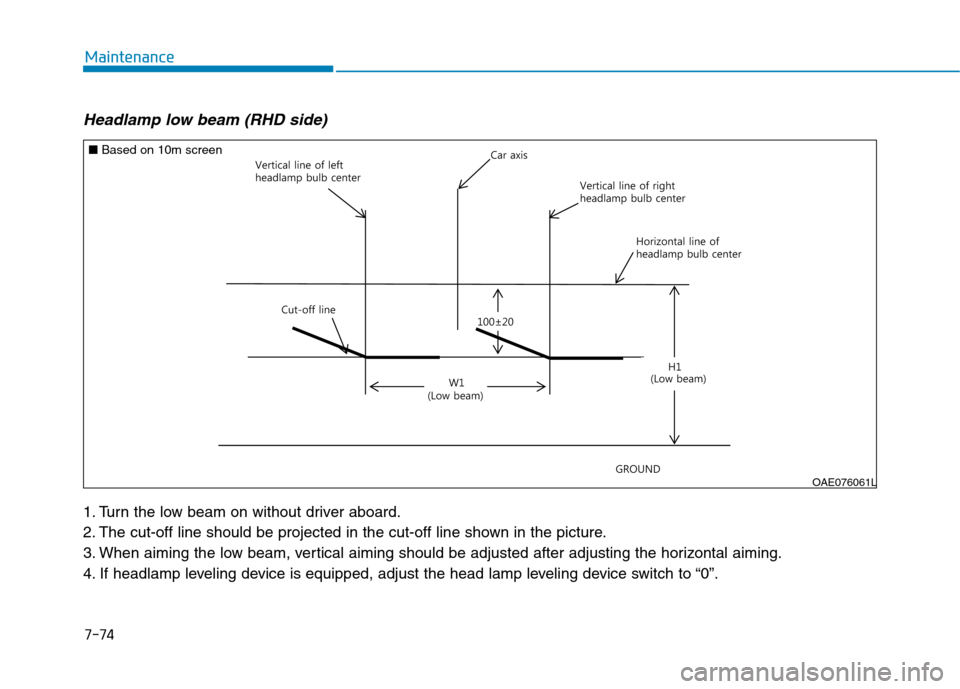 Hyundai Ioniq Hybrid 2017  Owners Manual 7-74
Maintenance
Headlamp low beam (RHD side) 
1. Turn the low beam on without driver aboard. 
2. The cut-off line should be projected in the cut-off line shown in the picture.
3. When aiming the low 